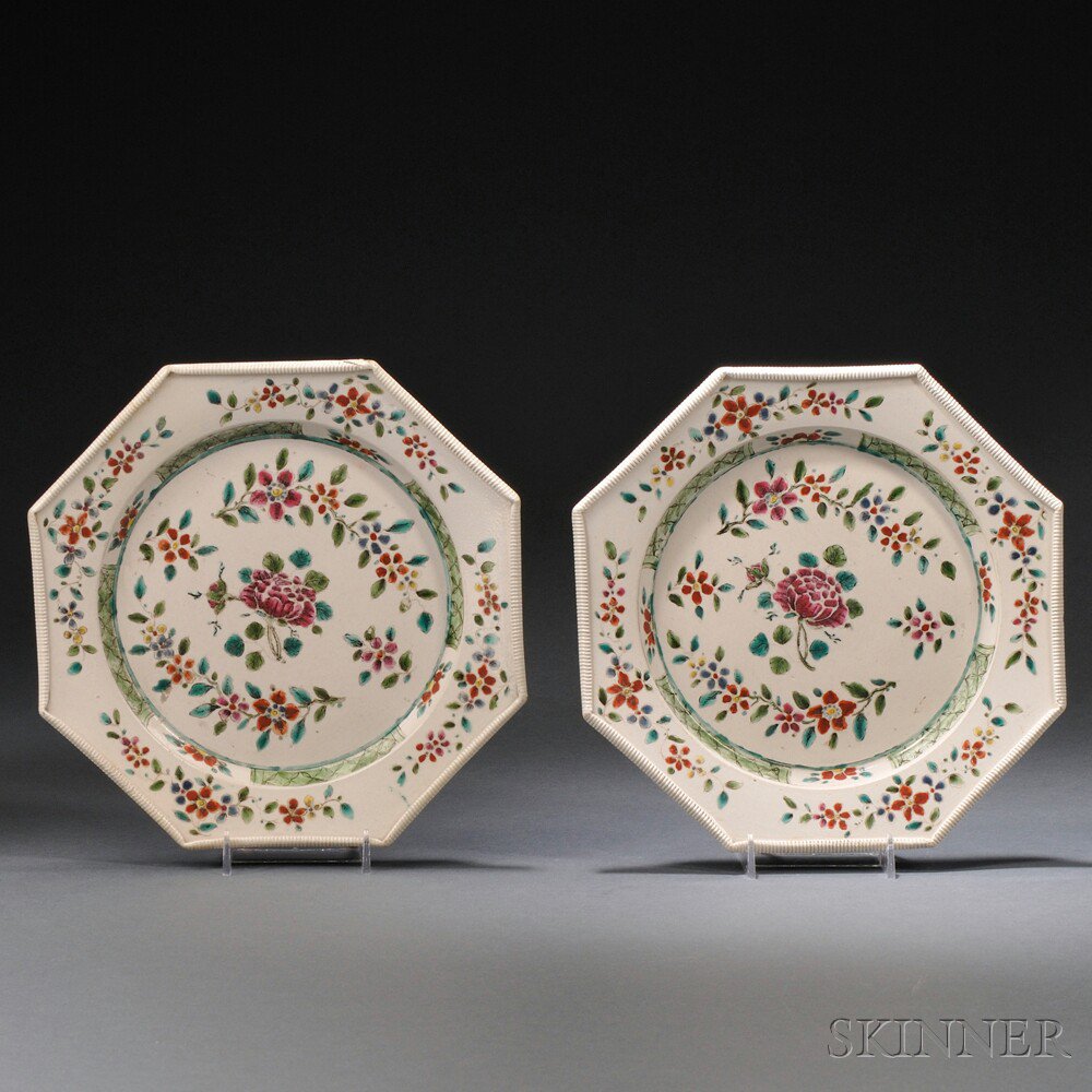 Appraisal: Pair of Staffordshire Enameled Salt-glazed Stoneware Plates England c octagonal