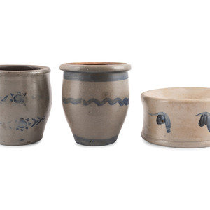 Appraisal: Two Cobalt-Decorated Stoneware Jars and a Spittoon th Century Height