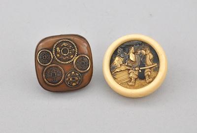 Appraisal: Two Bronze Buttons Square button with coin motif details picked