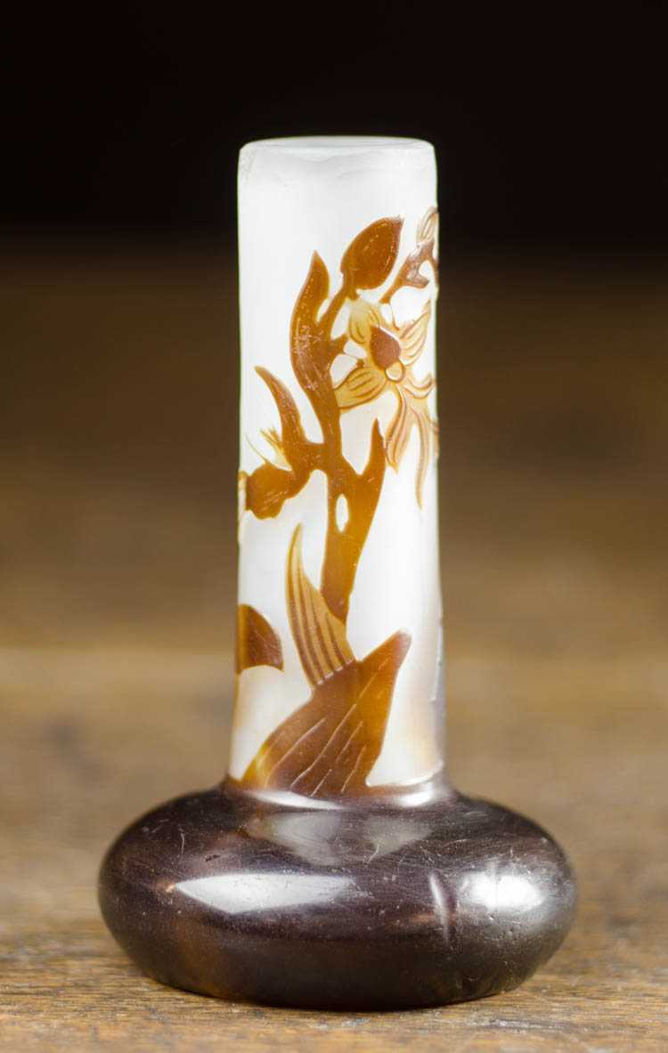 Appraisal: EMILE GALLE CAMEO GLASS MINIATURE STICK VASE having brown acid