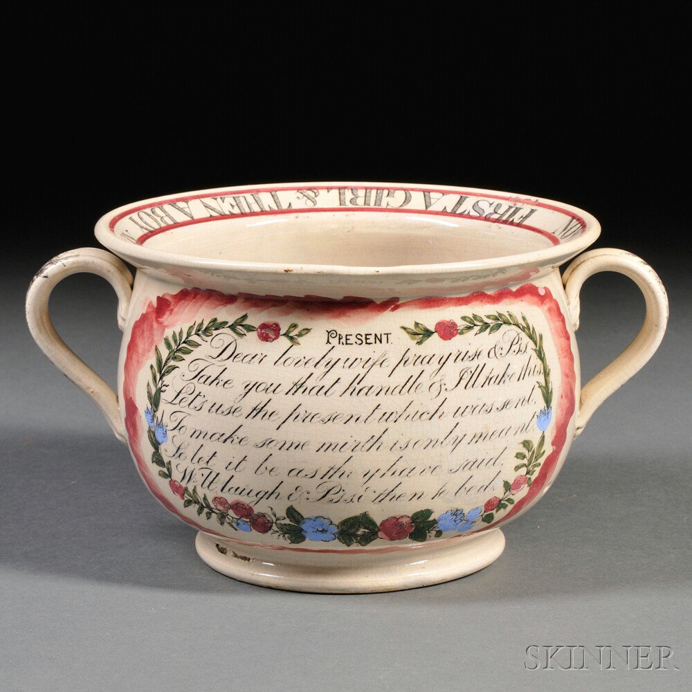 Appraisal: Humorous Transfer-decorated Staffordshire Pottery Chamber Pot England early th century