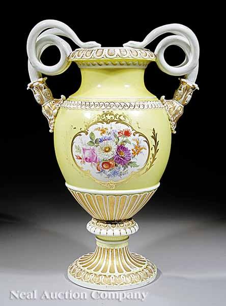 Appraisal: A Large Meissen Porcelain Polychrome and Gilt-Decorated Serpent-Handled Urn th