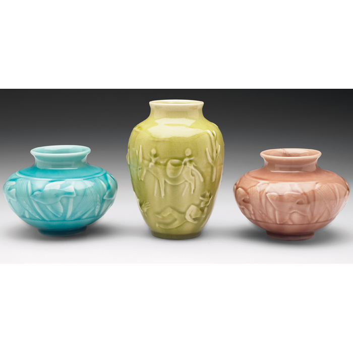 Appraisal: Rookwood vases three molded designs colorful glazes largest is ''w