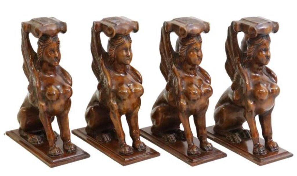 Appraisal: lot of Architectural Italian carved wood sphinx pedestal supports th