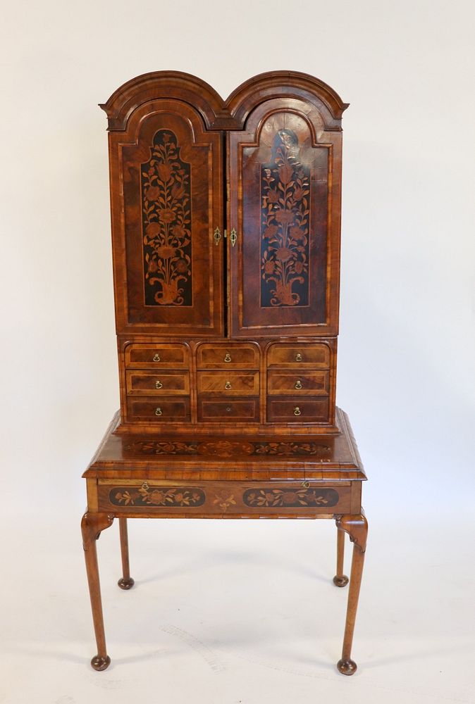 Appraisal: Antique Parquetry Inlaid Continental Secretary Bookcase Great cabinet with nice