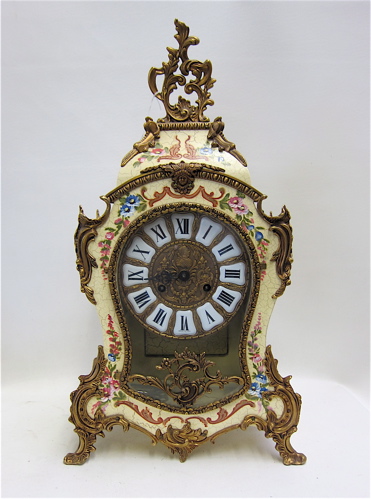 Appraisal: CASED MANTEL CLOCK Italian wooden case with painted floral on