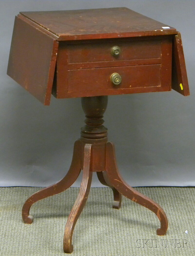 Appraisal: Country Red-painted Classical Drop-leaf Two-drawer Pedestal-base Work Table