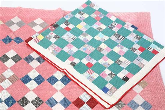 Appraisal: TWO QUILTS Checkerboard pattern on a pink ground x And