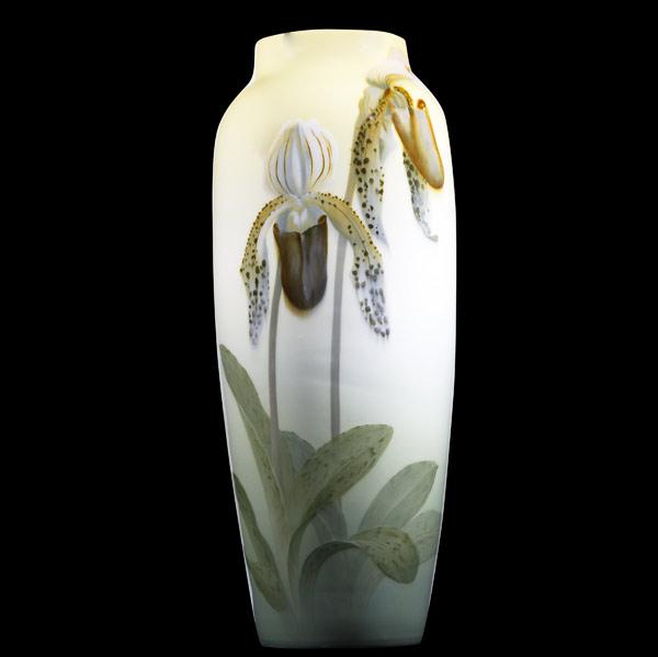 Appraisal: CARL SCHMIDTROOKWOODExceptional and tall Iris glaze vase with orchids Uncrazed