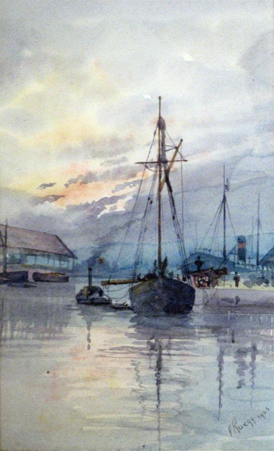 Appraisal: F Ruegg moored sailing vessels signed and dated watercolour x