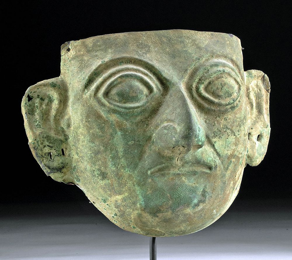 Appraisal: Life-Size Moche Copper Funerary Mask ex-Sotheby's Pre-Columbian North Coast Peru