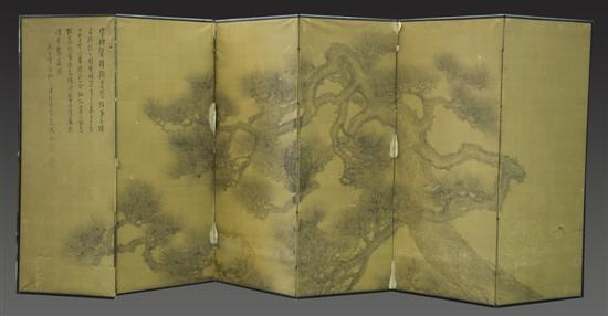 Appraisal: Japanese five panel screen th century Watercolor of a sprawling