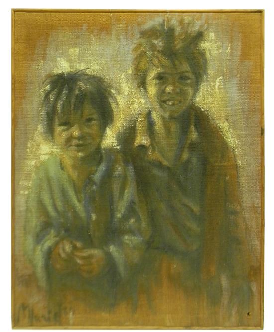 Appraisal: Miuziel th C oil on burlap depicting two smiling urchins