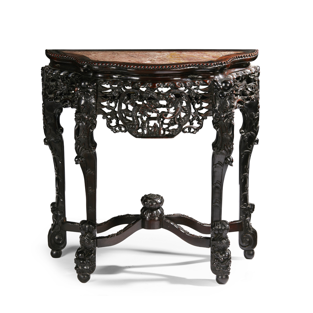 Appraisal: MARBLE-TOP CONSOLE TABLE the marble-inset top above an elaborately carved