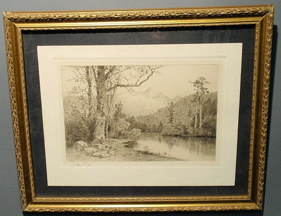 Appraisal: Original etching landscape of mountains and stream titled Trinity Peaks