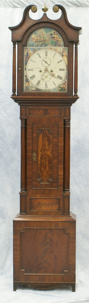 Appraisal: Scottish mahogany tall case clock scroll top bonnet containg an