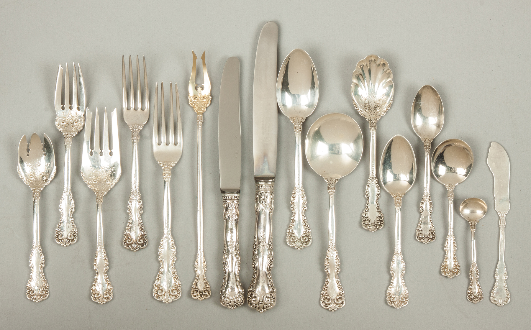 Appraisal: Sterling Silver Flatware Set Illeg Hallmark pcs ozt weighable Monogrammed