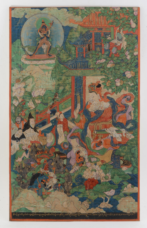 Appraisal: EARLY TIBETAN THANGKA PAINTING Scene Depicts Large Seated Central Figure