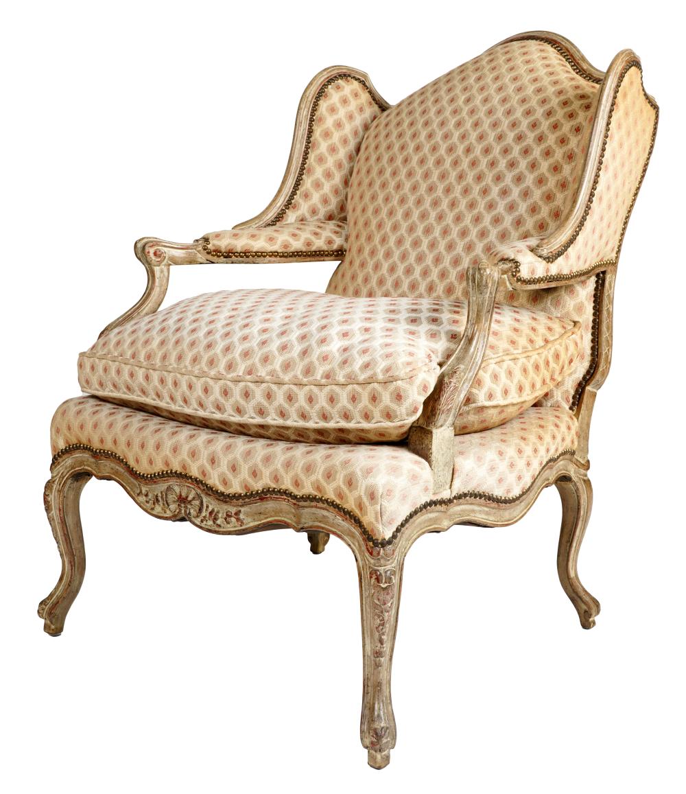 Appraisal: LOUIS XV-STYLE PAINTED BERGEREmodern covered with patterned fabric with close-nailed