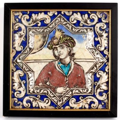 Appraisal: A th Century Persian Qajar square tile painted a turbaned