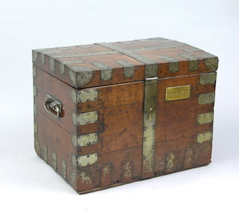 Appraisal: An Antique Officer's Trunk With hammered steel mounts and hasp