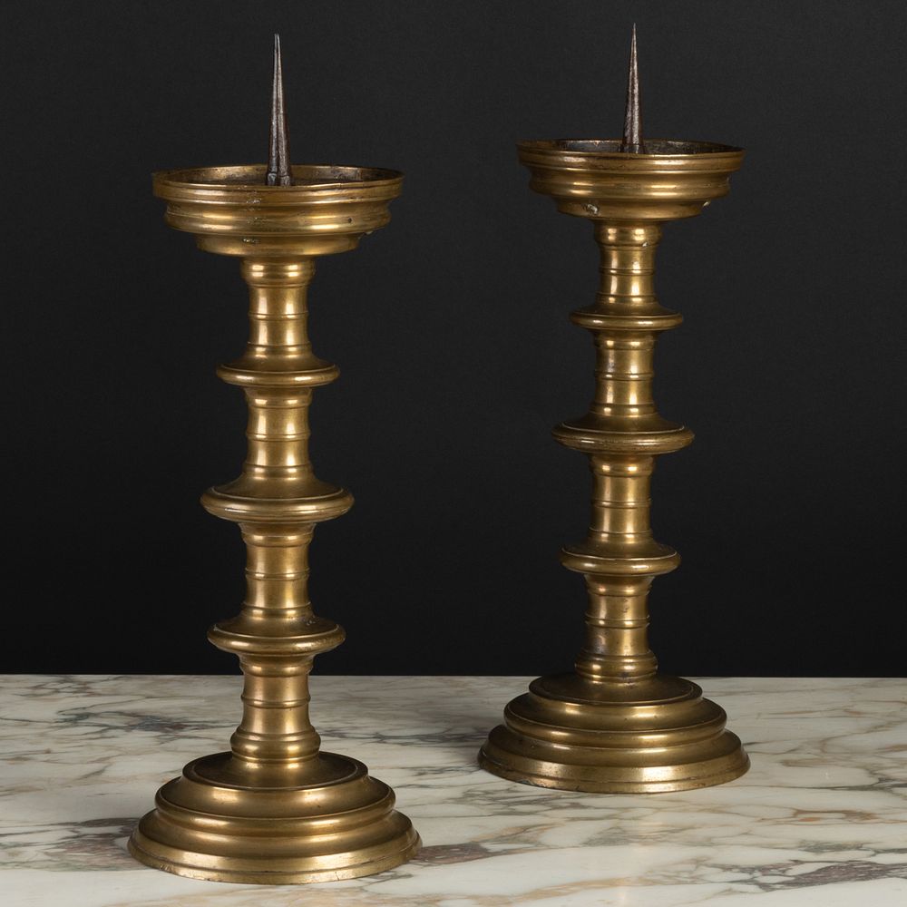 Appraisal: Pair of Flemish Brass Pricket Sticks Each with ringed and