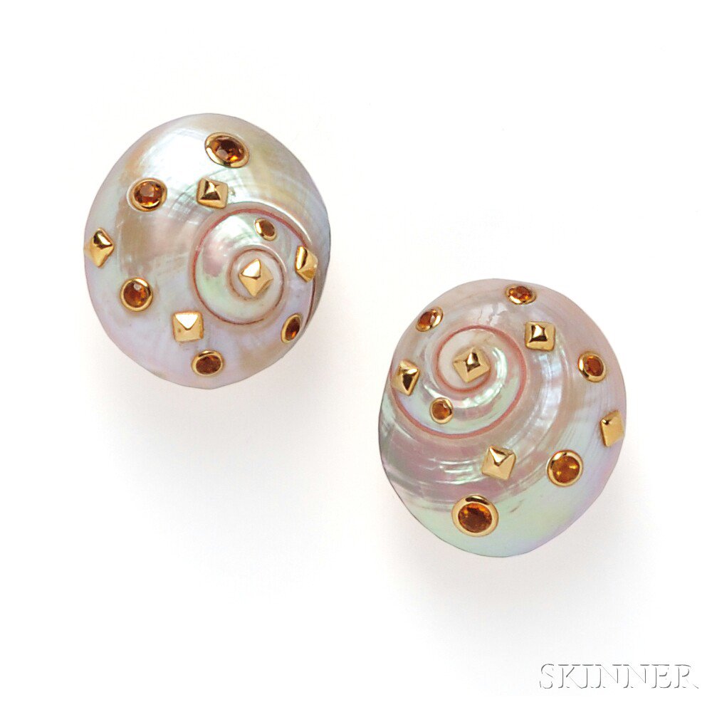 Appraisal: kt Gold Gem-set Earclips Trianon the white shells set with