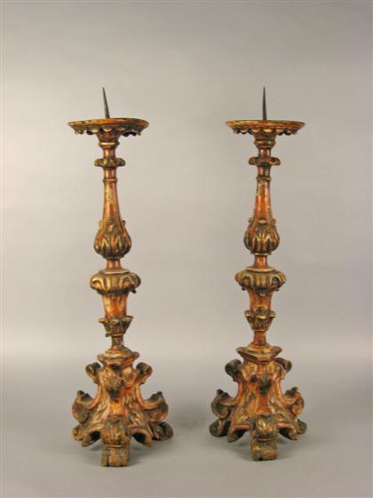 Appraisal: Pair of Baroque style painted wood pricket sticks H in