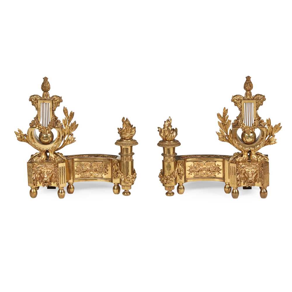 Appraisal: PAIR OF FRENCH GILT BRONZE CHENETS TH CENTURY with lyres