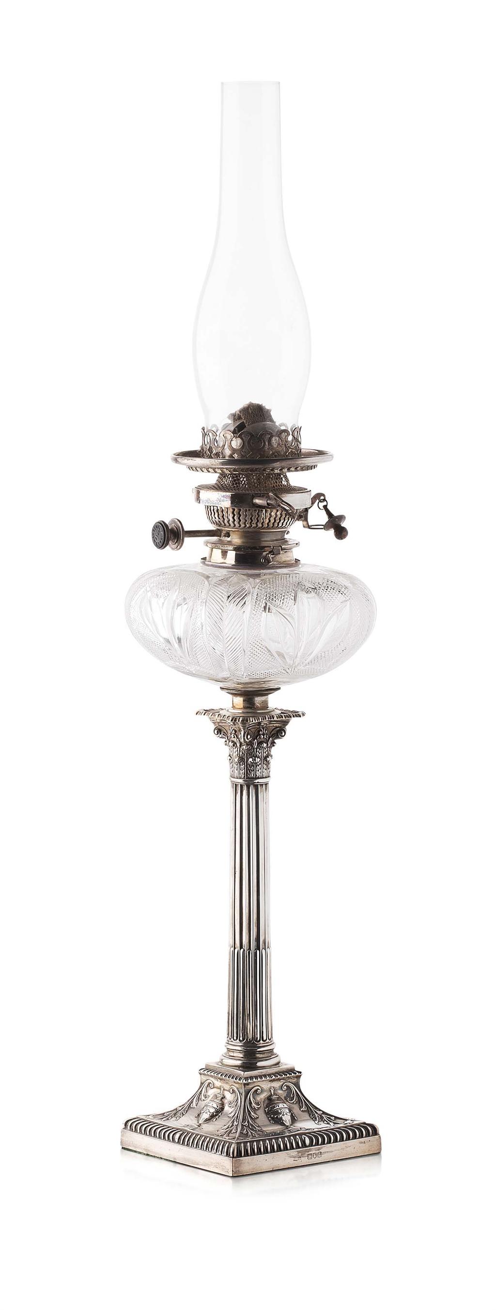 Appraisal: LATE VICTORIAN SILVER PARAFFIN LAMP LONDON the cut glass squared