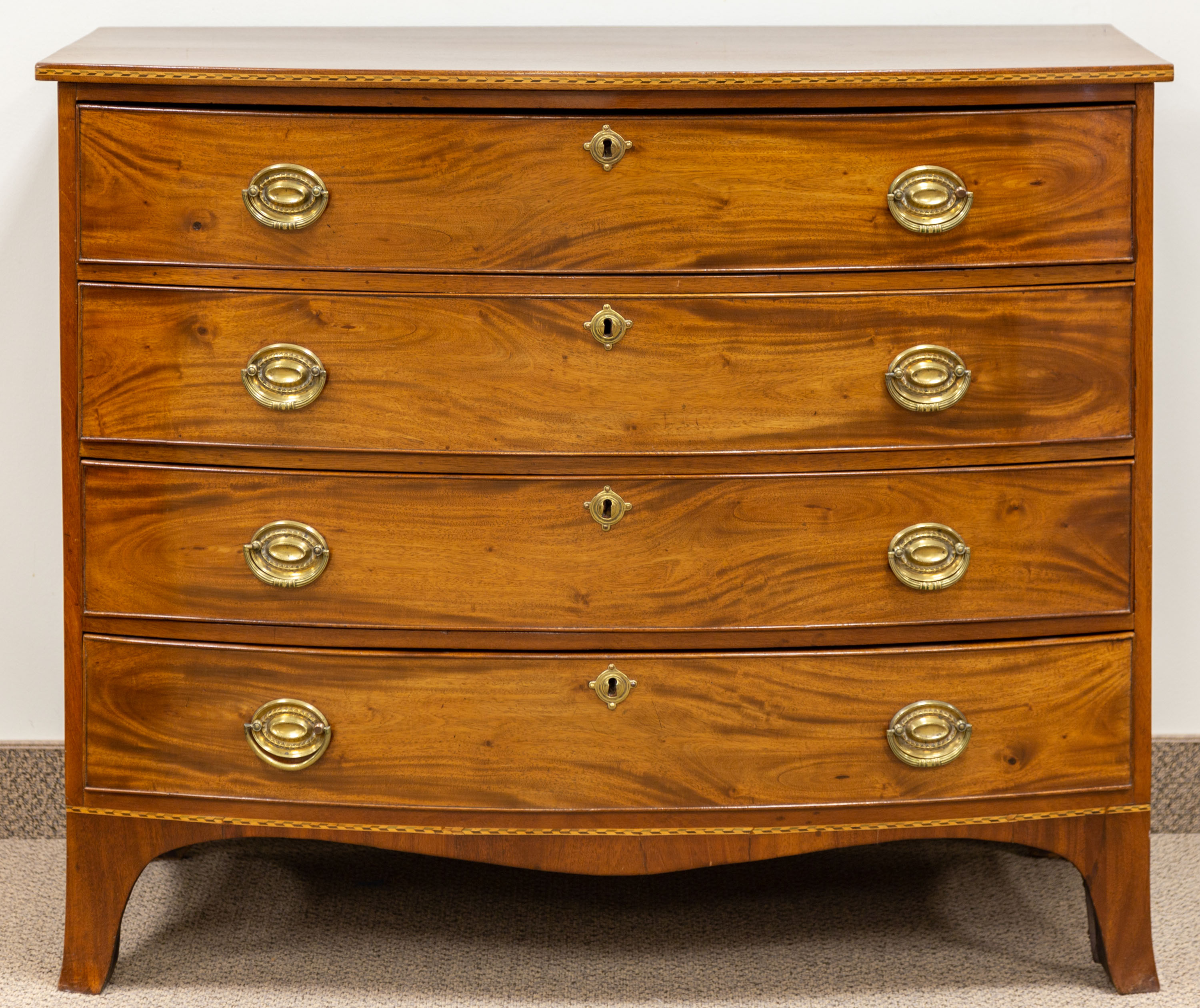 Appraisal: NEW ENGLAND HEPPLEWHITE INLAID MAHOGANY BOW FRONT CHEST circa Period