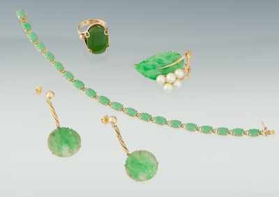 Appraisal: A Group of Gold and Jade Jewelry Containing a pair