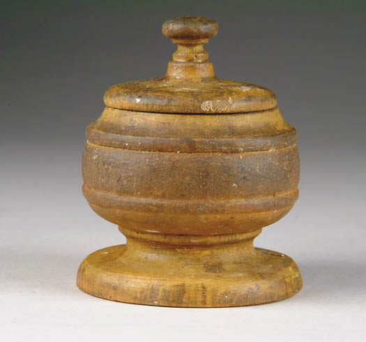 Appraisal: TH CENTURY TREENWARE COVERED WOOD CONTAINER Possibly a small sugar