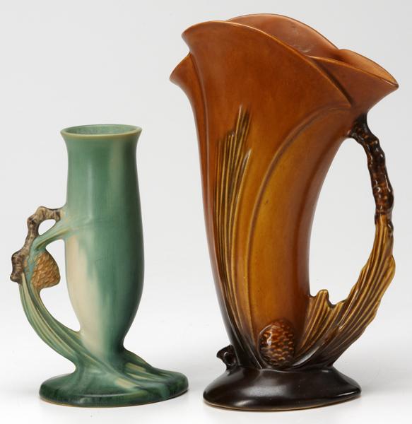 Appraisal: ROSEVILLE Two Pine Cone pieces brown pitcher - and a