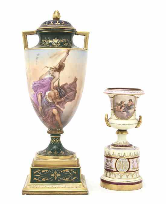 Appraisal: Two Royal Vienna Urns the first of handled form Morgen