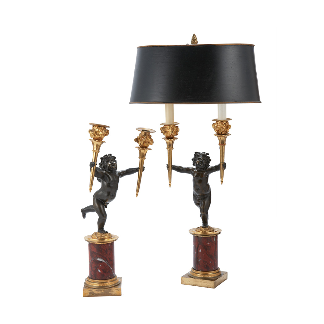 Appraisal: Pair of Louis XVI Style Gilt and Painted-Bronze Two-Light Candelabra