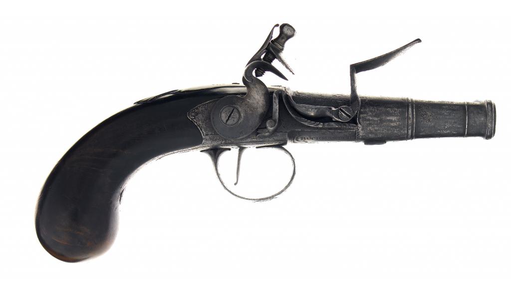 Appraisal: A FLINTLOCK POCKET PISTOL with cm turn off cannon barrel