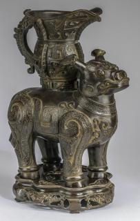 Appraisal: Chinese bronze qilin censer h Chinese bronze and parcel gilt