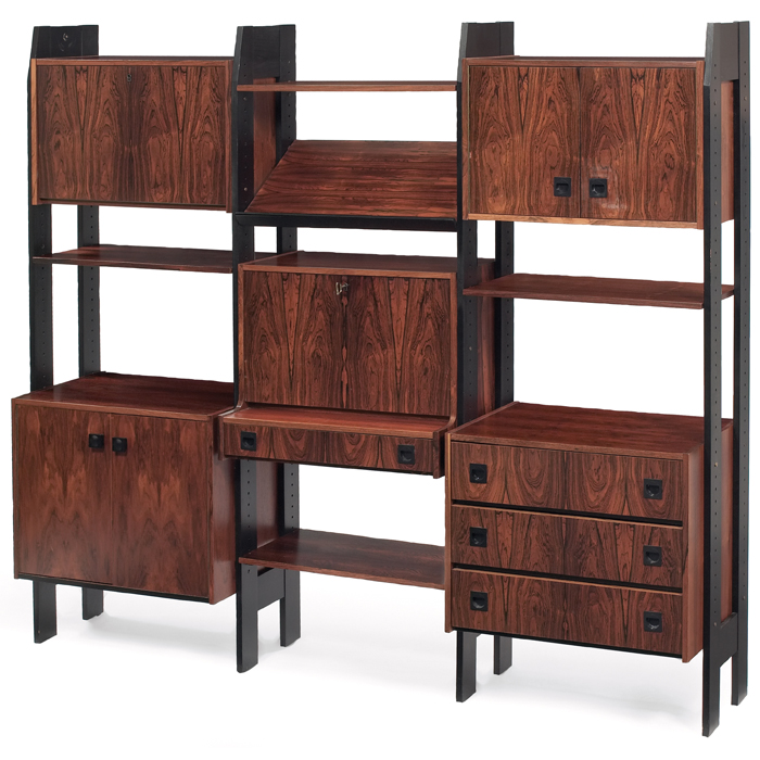 Appraisal: s Modern freestanding wall unit rosewood vertical wood supports with