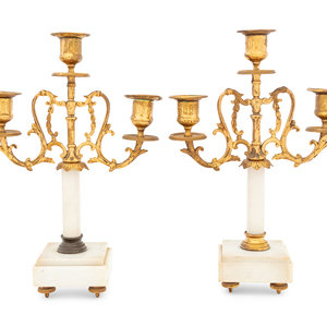 Appraisal: A Pair of Gilt Bronze and Marble Three-Light Candelabra th