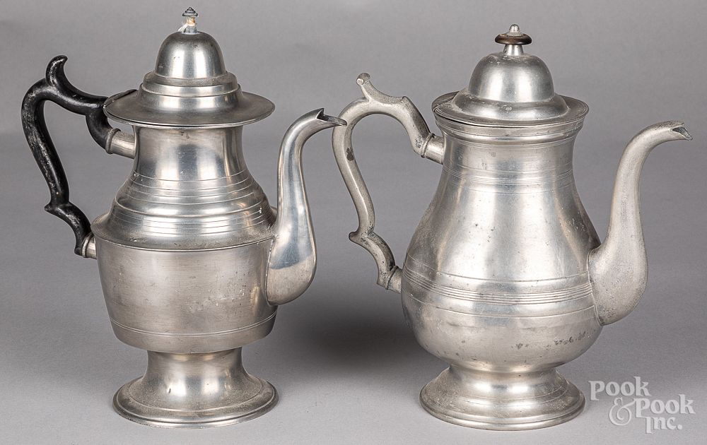 Appraisal: Two pewter coffee pots Two pewter coffee pots by Ashbil