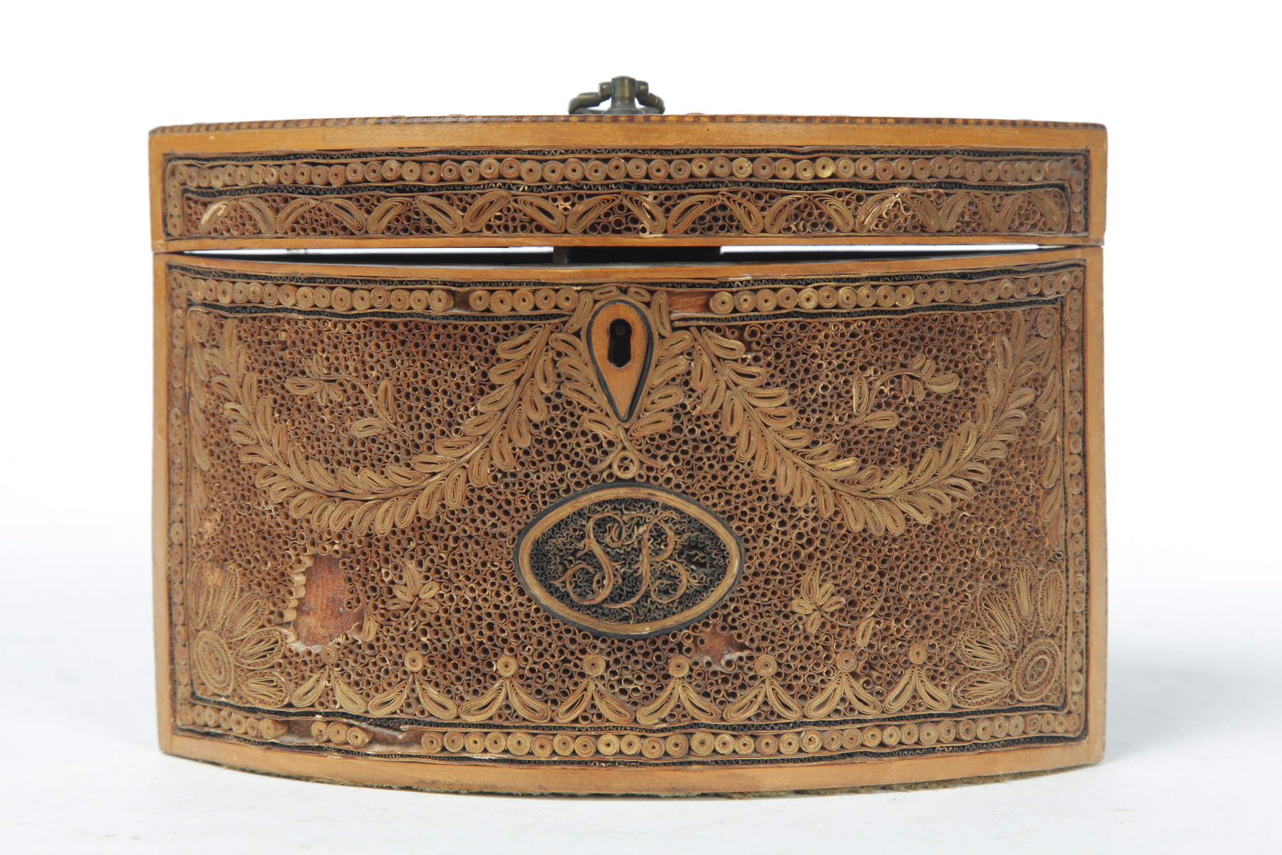 Appraisal: QUILLWORK TEA CADDY England early th century Lozenge shaped with