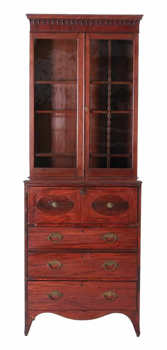 Appraisal: Hepplewhite inlaid mahogany secretary bookcase circa molded cornice upon drop-carved