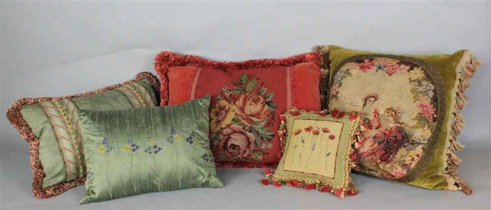 Appraisal: A GROUP OF FIVE ASSORTED CUSHIONS TWO WITH ANTIQUE NEEDLEWORK