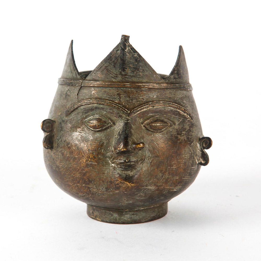 Appraisal: TH C BRONZE INDIAN CUP WITH ETCHED FACE Bronze cup