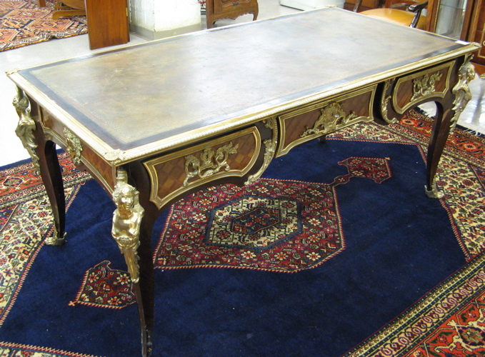 Appraisal: LOUIS XV STYLE ORMOLU-MOUNTED PARQUETRY AND KINGWOOD BUREAU PLAT Continental