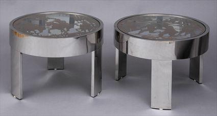 Appraisal: PAIR OF CONTEMPORARY CIRCULAR BRASS-TOP CHROME LOW TABLES Each glass-fitted