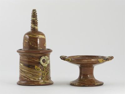 Appraisal: A Continental agateware honeypot cover and stand applied with two