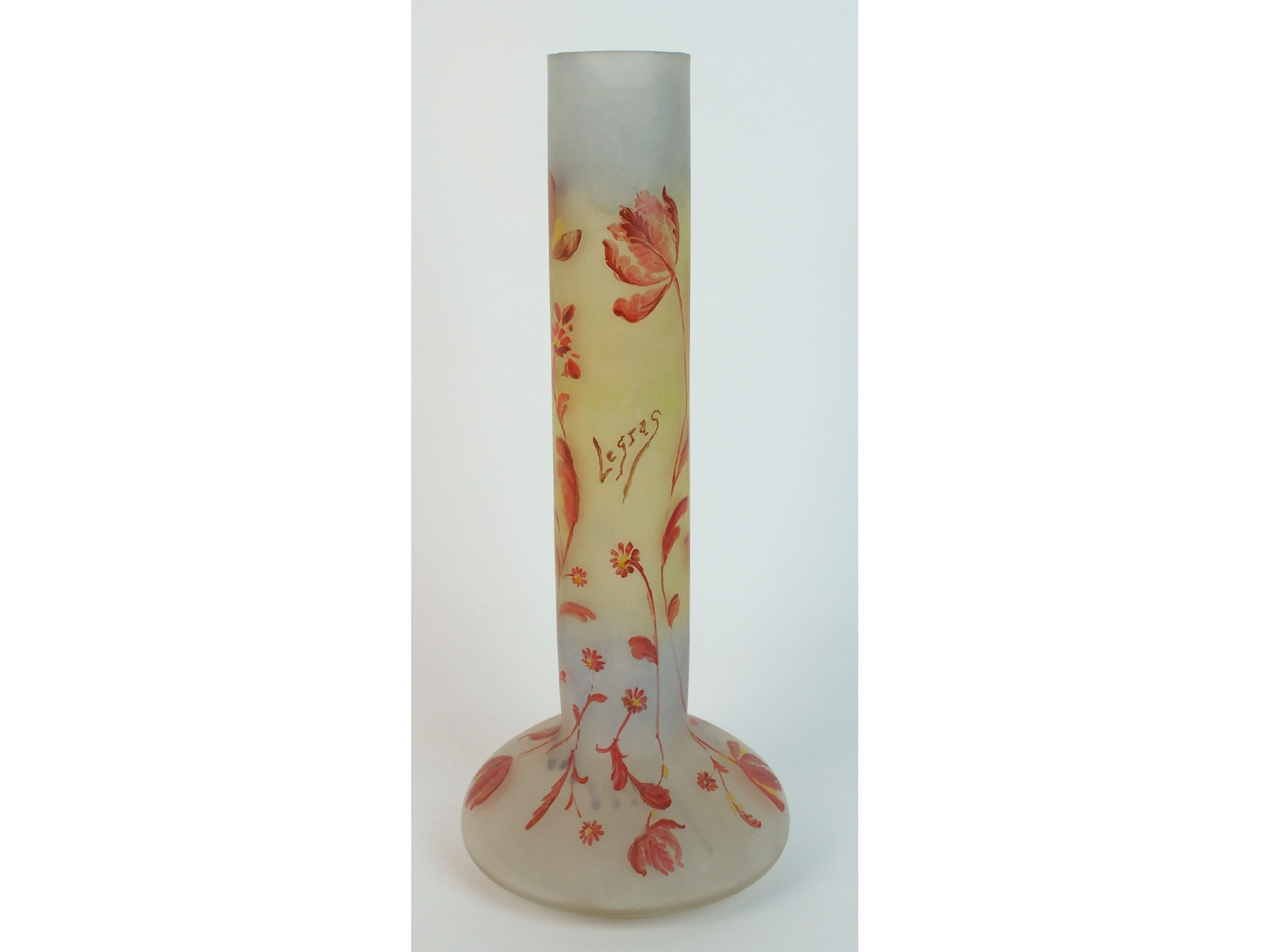 Appraisal: A French frosted painted glass vase signed Legrascold painted with