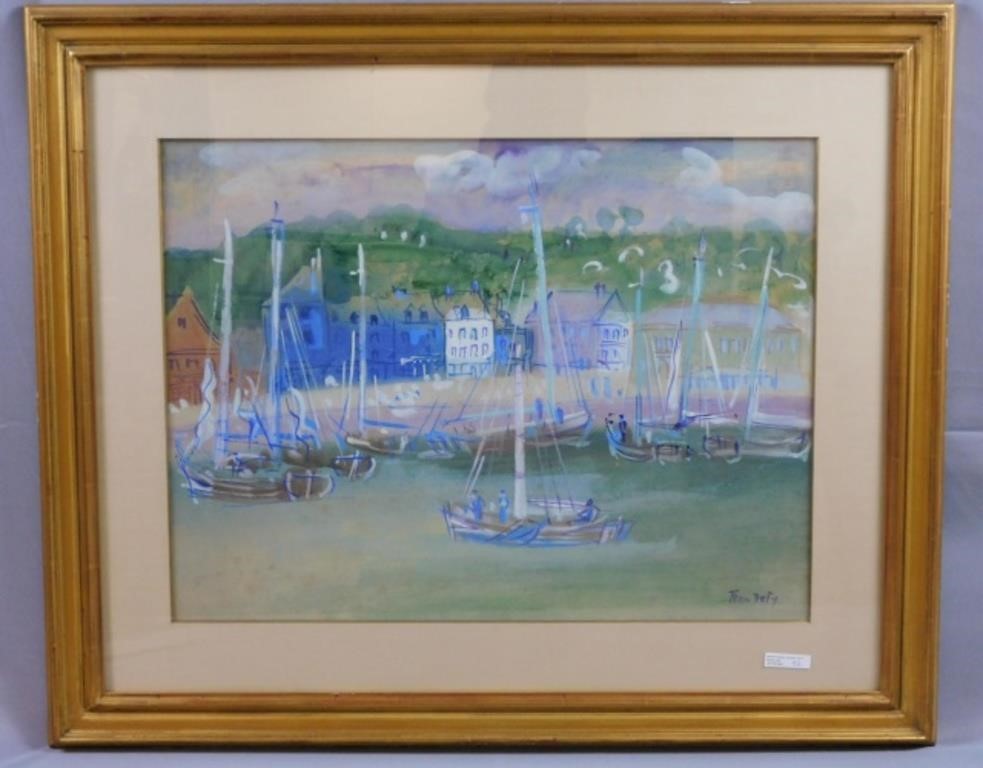 Appraisal: depicting a French harbor scene with sailboats and people Signed